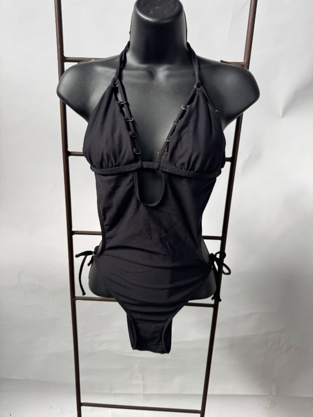 Guess Collection Black One-Piece Swimsuit With Cutout Adjustable Ties & Gold Har